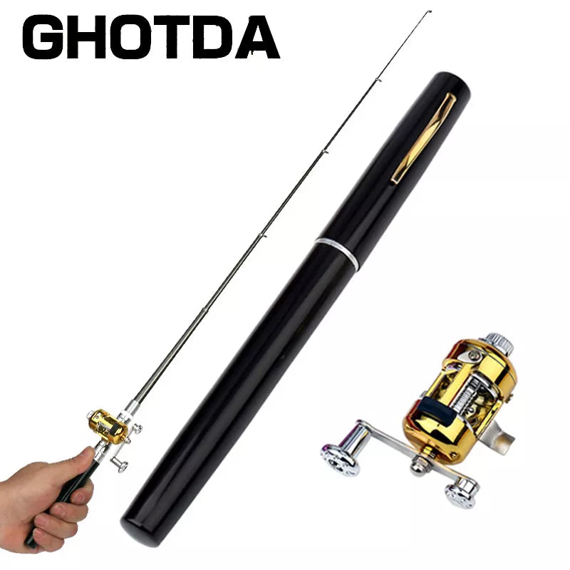 Mini vara de pesca em forma de caneta dobrada vara de pesca com roda de carretel