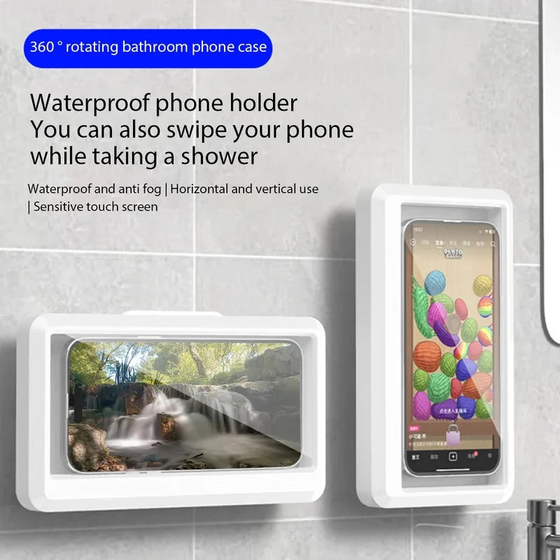Suporte de telefone para chuveiro à prova d'água com rotação de 360 °, ângulo ajustável, suporte de telefone montado na parede para banheiro e cozinha, até 6,8 polegadas