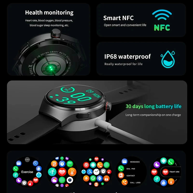 Relógio inteligente masculino relógio 4 pro amoled tela hd bluetooth chamada gps nfc freqüência cardíaca à prova dwaterproof água smartwatch 2024 novo