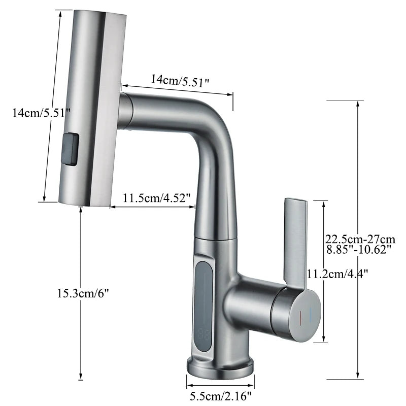 Torneira pia com display digital de temperatura, para banheiro, fluxo cascata, pulverizador de 3 vias, água quente e fria, torneira misturadora, lavagem