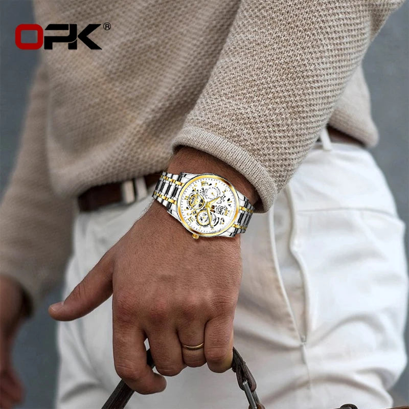 Relógio masculino OPK8135, pulseira de aço com brilho noturno à prova d'água