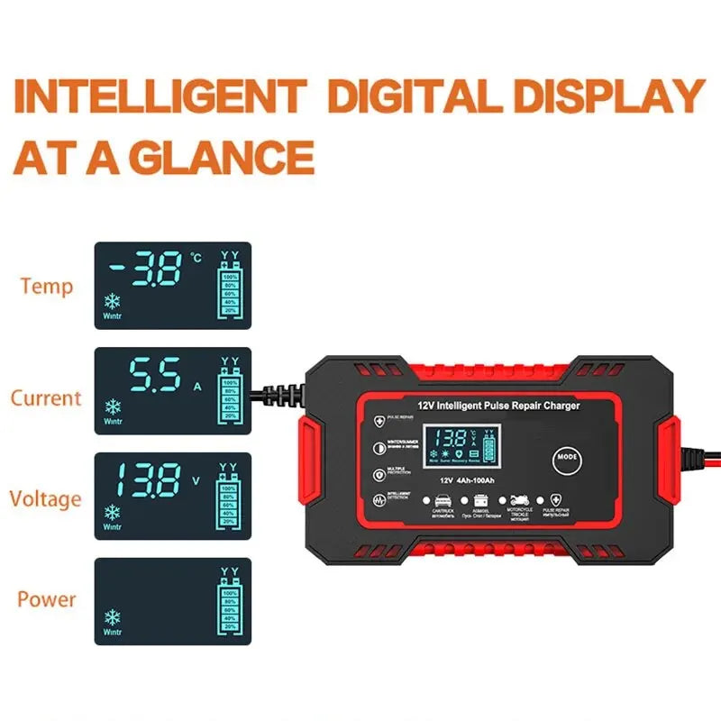 1 conjunto de carregador de bateria 12v6a para carro/motocicleta, display digital adequado para baterias de chumbo-ácido, plugue de, proteção reversa