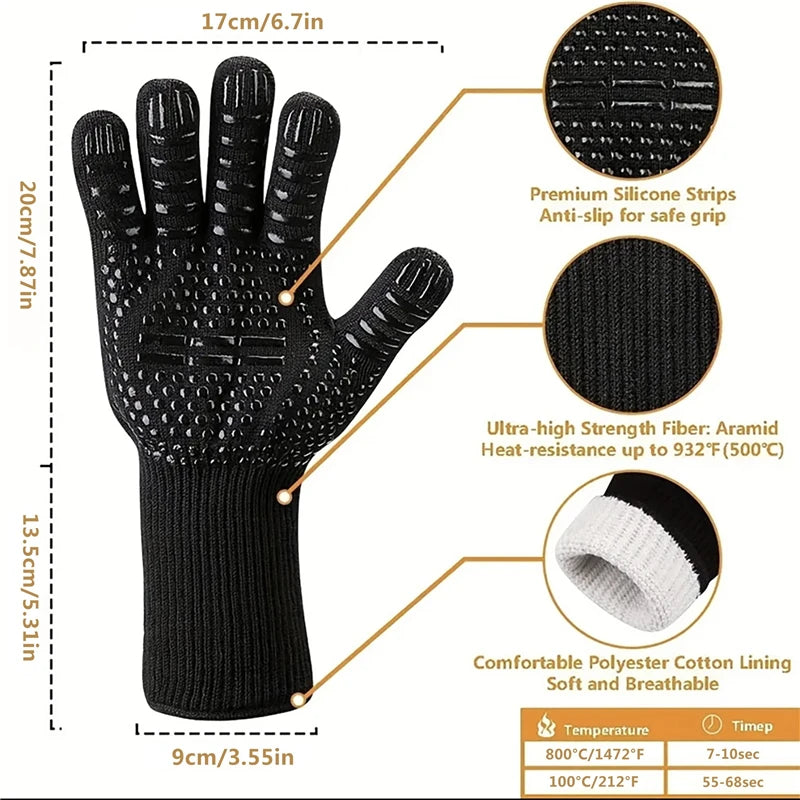 Luvas para churrasco, resistência a altas temperaturas, forno, 500 800 graus, à prova de fogo, churrasco, isolamento térmico, luvas de micro-ondas